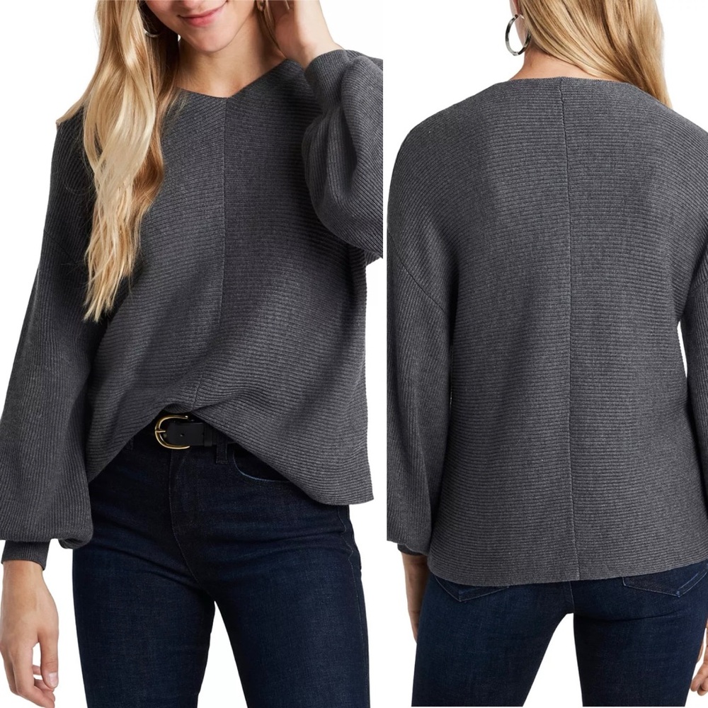 New 1.State‎ Size Medium Bubble Sleeve Gray Ribbed Cotton Blend Sweater